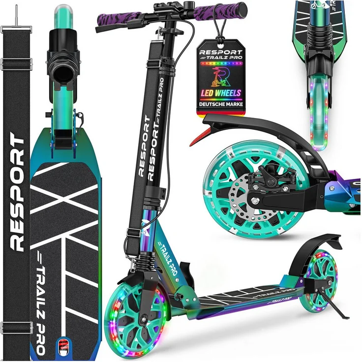 RE:SPORT® Trailz Pro Cityroller, höhenverstellbar & klappbar, mit Handbremse, Doppelfederung, LED-Rollen, inkl. Tragegurt und Klingel, für Kinder & Erwachsene