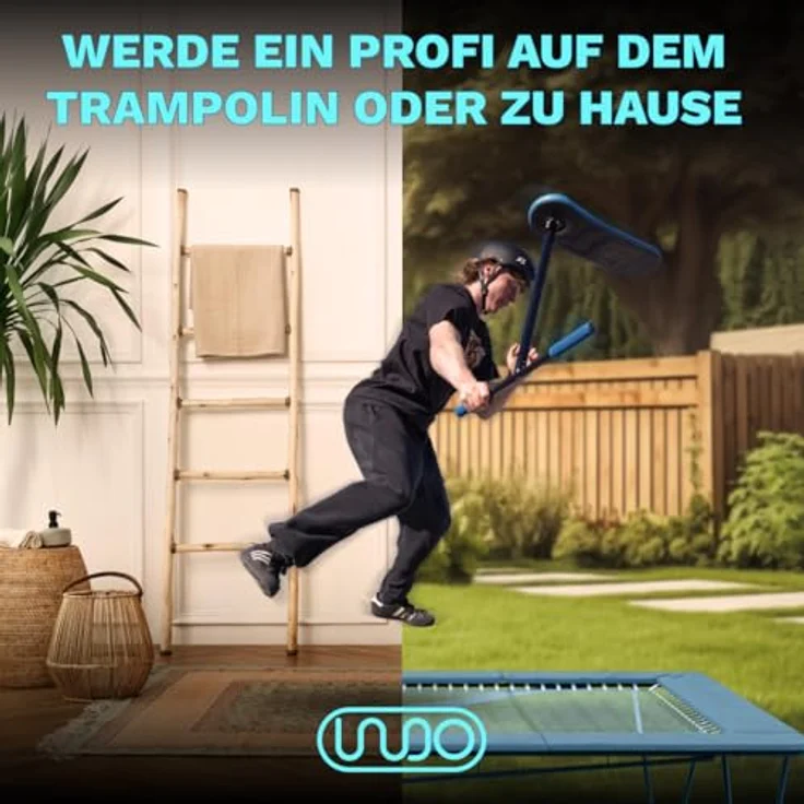 Indo Trampolin Scooter PRO V2, schwarzes-blaue Stunt-Scooter mit leichtem Schaumstoffdeck und Aluminumlenker für Fortgeschrittene – Bild 6