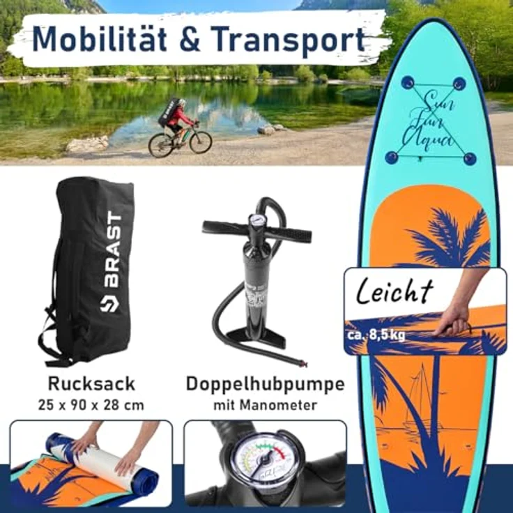BRAST SUP Board Tropic, Aufblasbares Stand up Paddle Set, 320x81x15cm, 140kg Tragkraft, 6 Designs, 5 Jahre Garantie, inkl. Kajaksitz, 2in1 Paddel, Action-Cam-Halterung, Rucksack, Pumpe – Bild 3
