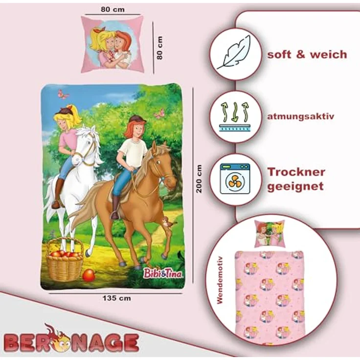 BERONAGE Bibi und Tina Kinderbettwäsche Pferde - 100% Baumwolle, Renforcé-Linon, Motive von Amadeus & Sabrina, Reiten - Reißverschluss, deutsche Größe – Bild 2