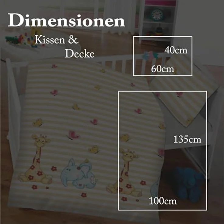 Bestlivings Kinder Bettwäsche 2-TLG (100x135cm / 40x60cm) Set - 100% Baumwolle, Motiv Elefant & Giraffe, Babybettwäsche in Weiß – Bild 2