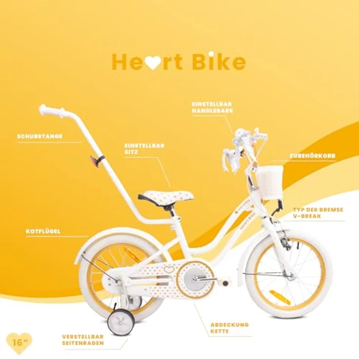 sun baby Mädchenfahrrad 16 Zoll Heart Bike, Abnehmbare Schubstange, für Mädchen von 2 bis 6 Jahre (Weißgold) – Bild 5