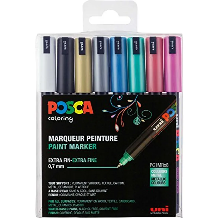 uni-ball 181709 - POSCA Marker mit kalibrierter Spitze, 8er Set, metallic