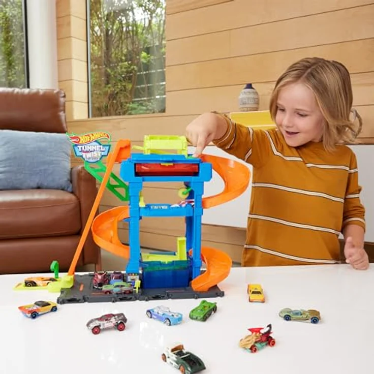 Hot Wheels Let's Race Netflix - City Spielzeugauto-Trackset, Farbwechsel-Tunnelautowaschanlage mit 1 Farbwechselfahrzeug im Maßstab 1:64, HTN80 – Bild 2