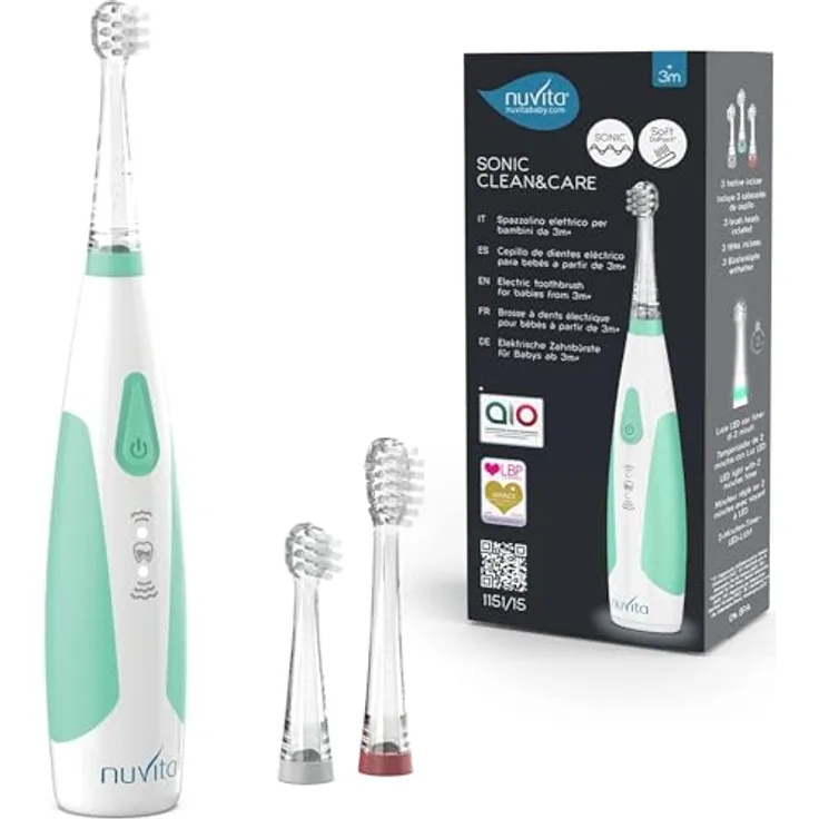 Nuvita 1151B, Elektrische Kinderzahnbürste Sonic Clean & Care, für Kinder 3 Monate bis 5 Jahre, 3 Vibrationsmodi, AIO zugelassen, wasserfest, langlebige DuPont Nylonborsten