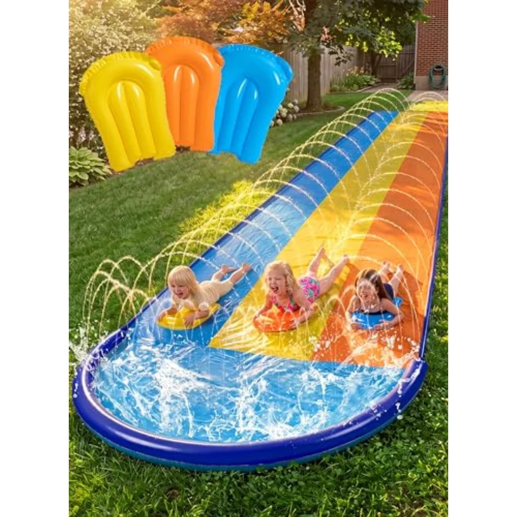 Sloosh 18ft/548cm Dreispurige Wasserrutsche mit 3 Bodyboards und integrierten Sprinklern, extra breite Rasen-Wasserrutsche für Kinder und Erwachsene, Außen-Wasserspielzeug für Sommer-Spaß – Bild 1