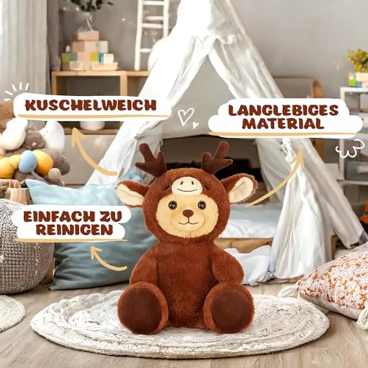 BRUBIES Teddy Hirsch, 25 cm Teddybär im Hirschkostüm mit abnehmbarer Kapuze, weiches Plüschtier für Kinder, ideales Geschenk zum Kuscheln und Sammeln – Bild 5