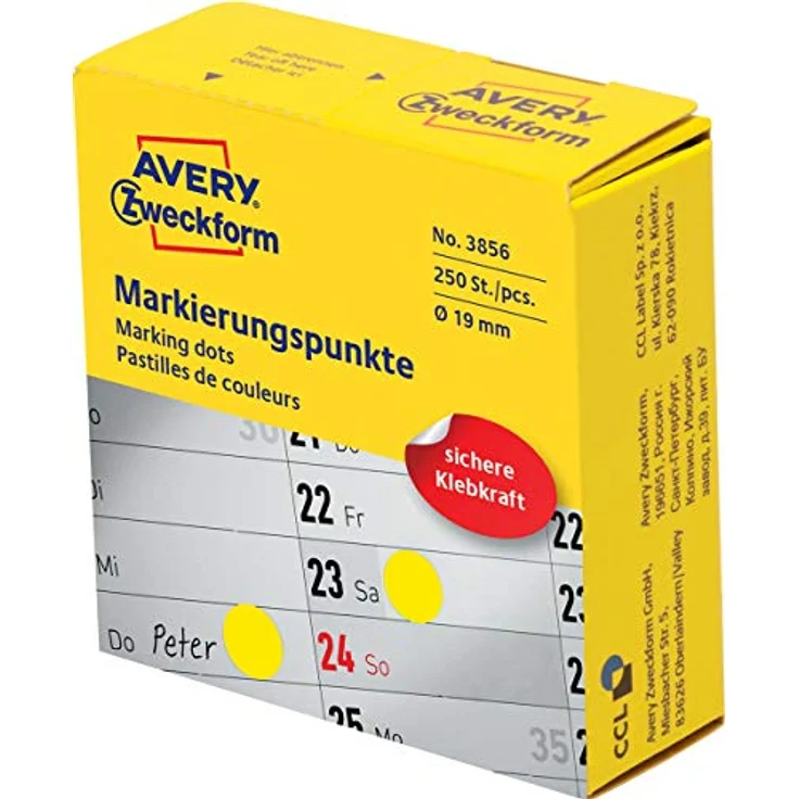 AVERY Zweckform Klebepunkte 3856, gelb Ø 19,0 mm, 250 Stück in praktischer Spenderbox – Bild 2
