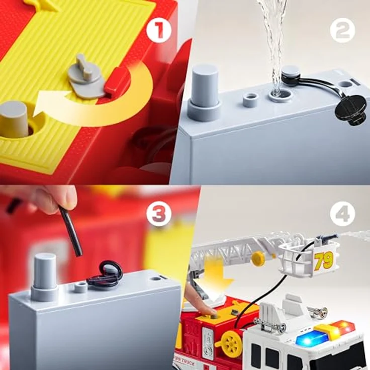 JOYIN Groß Feuerwehrauto Spielzeug, 83 cm Leiter, elektrischen Knöpfen, Lichtern, Sirene, drehbarer Schlauchtrommel und abnehmbarer Wasserpumpe, ab 2 Jahre – Bild 3