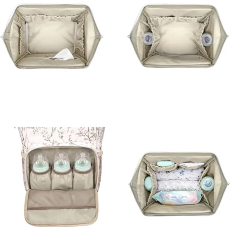Kikkaboo Wickeltasche Siena, Rucksack mit Wickelunterlage, wasserabweisend, beige-weiß, einstellbare Grifflänge, große Öffnung, Platz für 3 Flaschen – Bild 4