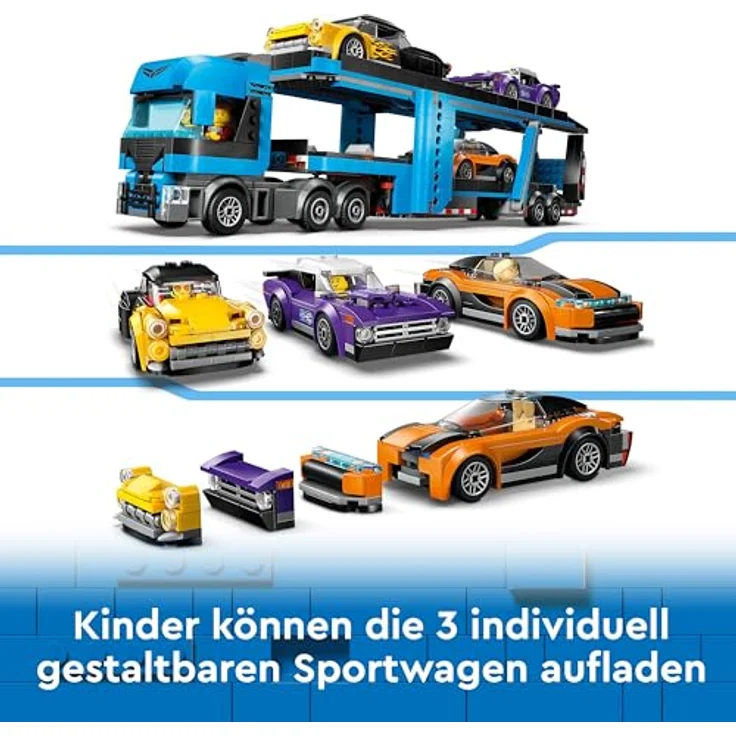 LEGO City Autotransporter mit Sportwagen, Set mit 4 Spielzeugautos für Jungen und Mädchen ab 7 Jahren, Weihnachts- oder Geburtstagsgeschenk, 4 Minifiguren für Rollenspiele 60408 – Bild 4
