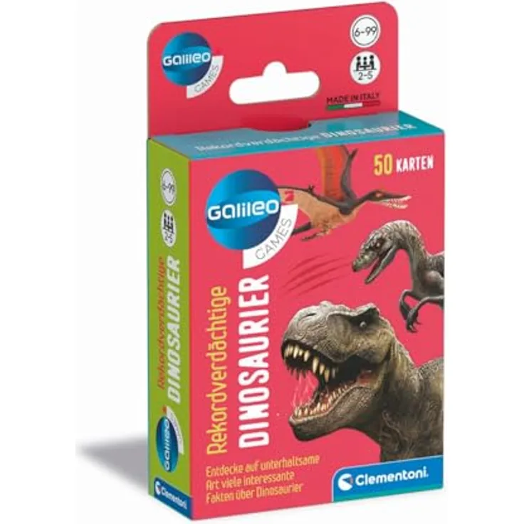 Clementoni Galileo Games Rekordverdächtige Dinosaurier, Kartenspiel für Erwachsene und Kinder ab 6 Jahren mit 6 Spielmodi, ideal als Reisespiel, 59341