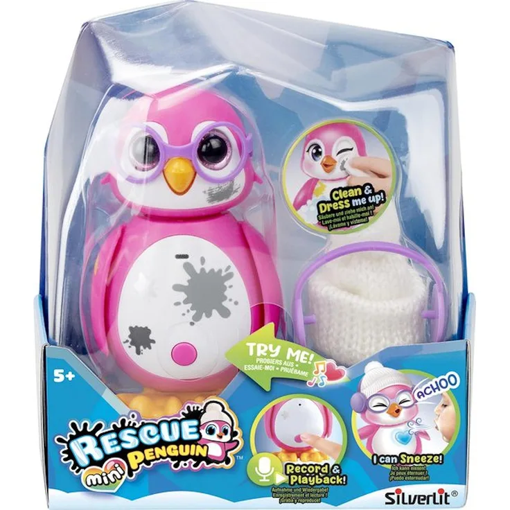 Silverlit Mini Rescue Penguin, interaktives Haustier in rosa mit Zubehör und Pflegefunktionen