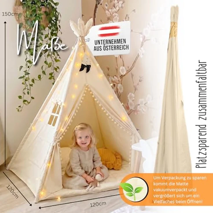 LIONHERZ® DAS ORIGINAL Tipi Zelt für Kinder, 100% Baumwolle, stabil mit Matte, Federdeko, Tragetasche, cremeweiß – Bild 3