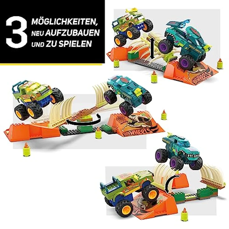 MEGA Hot Wheels Monster Trucks Bauspielzeug, Smash & Crash Mega-Wrex Boneyard Stuntparcours mit 332 Teilen, 2 Figuren und 2 Rampen, Kinder ab 5 Jahren, HKF89 – Bild 5