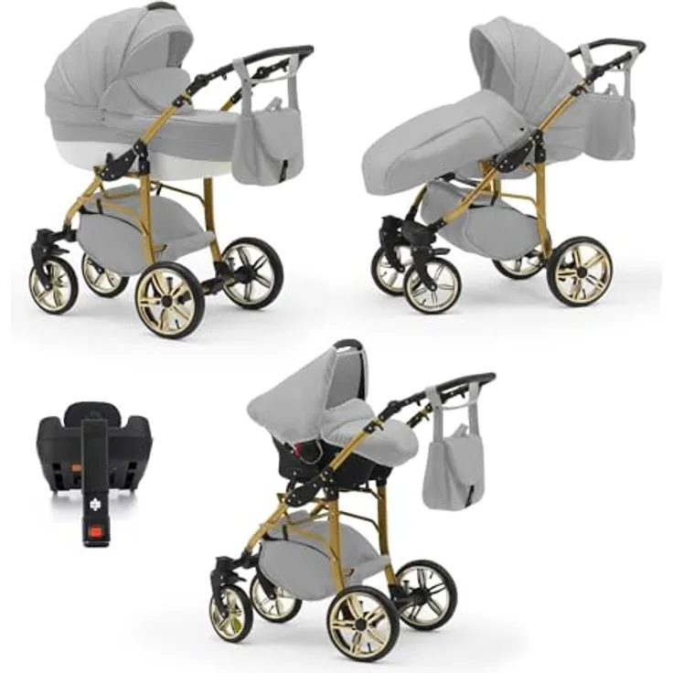 Elcar Kinderwagen-Set 5 in 1 Neo Gold inkl. Sportsitz, Autositz und Iso Base - 17 Teile - Federung, 360° schwenkbare Vorderräder - in 22 Farben