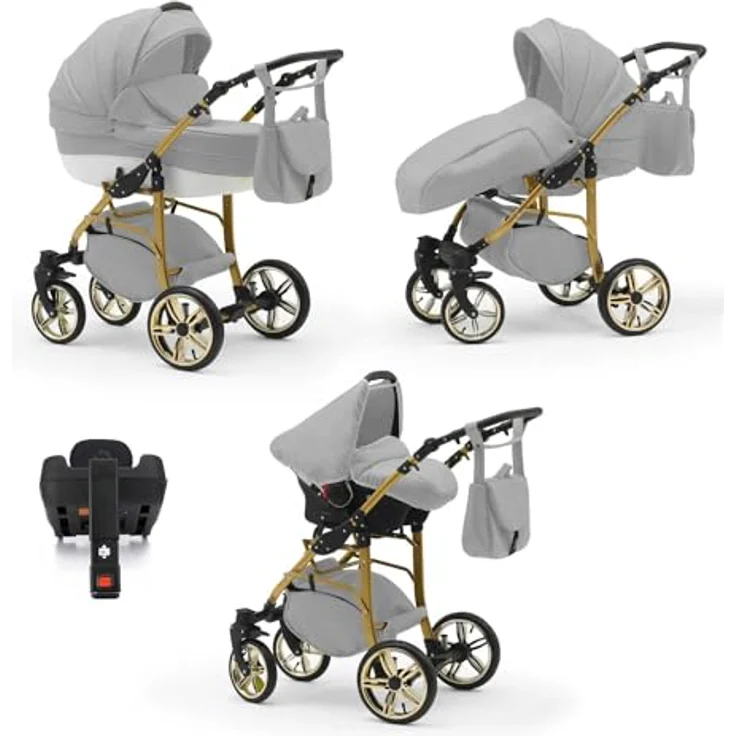 Elcar Kinderwagen-Set 5 in 1 Neo Gold inkl. Sportsitz, Autositz und Iso Base - 17 Teile - Federung, 360° schwenkbare Vorderräder - in 22 Farben – Bild 1