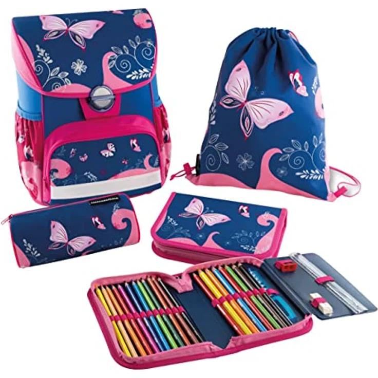 Eberhard Faber 577650 - Schulranzen Set Schmetterling, EFAlino, 4-teilig, mit Schulrucksack, Schüleretui, Schlamperrolle und Turnbeutel, Rosa-Blau – Bild 1