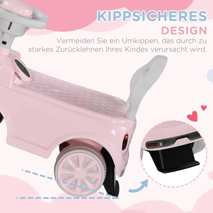 AIYAPLAY Kinder Rutschauto, Kinderfahrzeug mit Kippschutz, drehbarem Lenkrad und Hupe, rosa, 53 x 25 x 35 cm – Bild 2