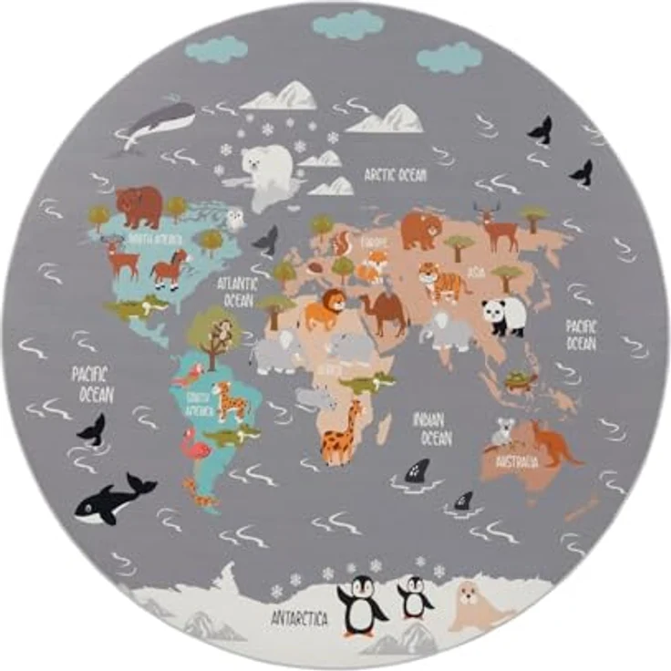 TT Home Kinderteppich, rutschfest mit Tiere Weltkarte und Autos, grau-blau-braun, 200 cm rund, 100% Polyester – Bild 4