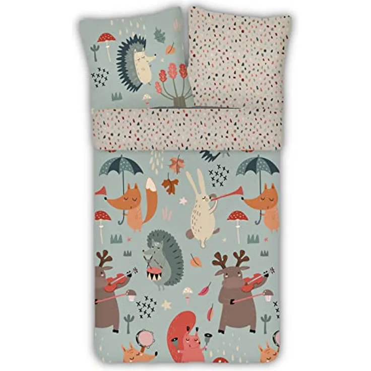 ESPiCO Bettwäsche Trendy Bedding Waldtiere Bunt Kinder Igel Eichhörnchen Elch Hase Fuchs Musik Instrumente, 135x200 cm