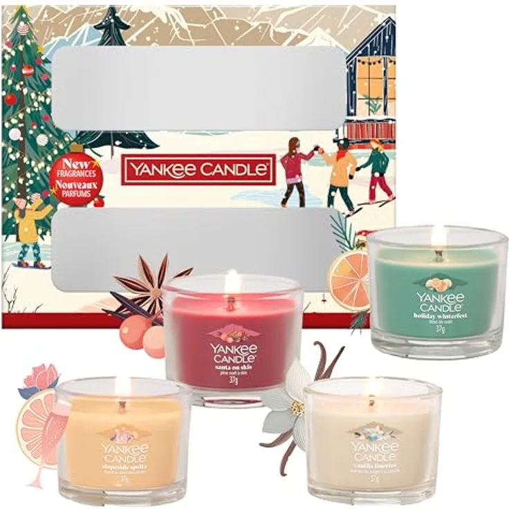 Yankee Candle Geschenkset Votivkerzen im Glas, 4 x 37 g, Christmas Collection mit Holiday Winterfest, Santa on Skis, Slopeside Spritz und Vanilla Flurries