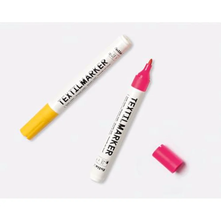 folia Basic Edition Textilmarker, 6 St. farbsortiert in gelb, pink, rot, dunkelblau, schwarz und dunkelgrün, wasserfest und lichtbeständig – Bild 4