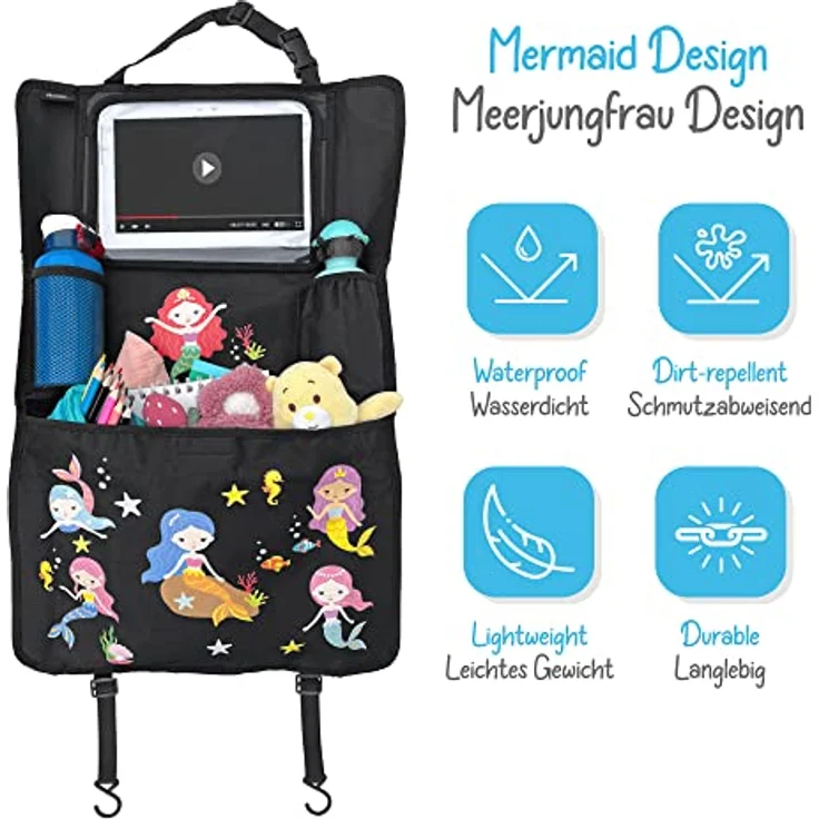HECKBO 1x Kinder Auto Rückenlehnenschutz Organizer mit verstellbarer Tablet Tasche mit Touch Folie für bis 20" – Meerjungfrau Motiv - universal - 70x45cm – inkl. Thermotasche + Stretch-Netztasche – Bild 2