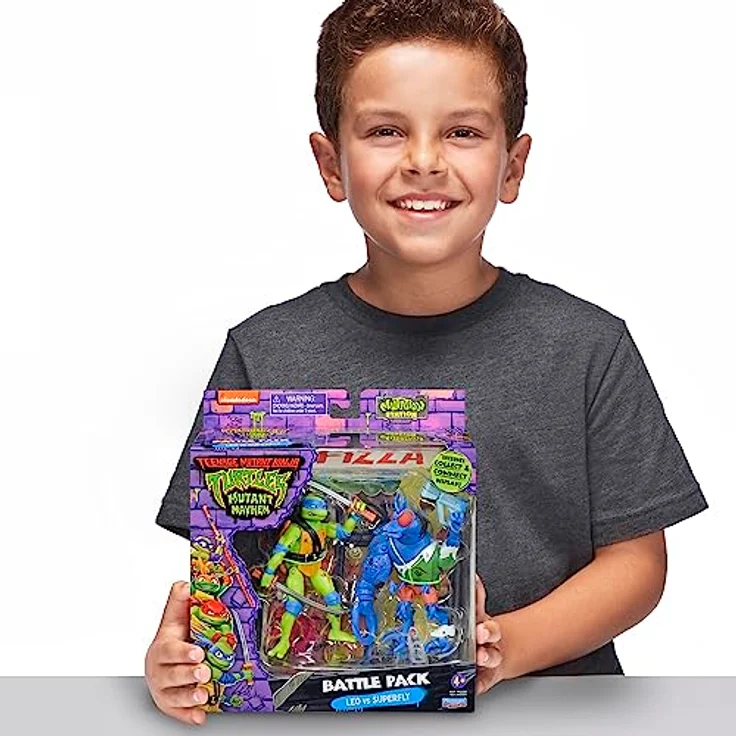 Playmates Teenage Mutant Ninja Turtles Leonardo vs. Super Fly, Actionfiguren 2er-Pack mit 12 Gelenkpunkten und Hintergrunddiorama, 11 cm und 10,8 cm – Bild 7