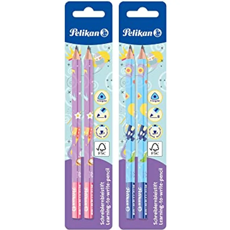 Pelikan 807395 Schreiblernbleistift, Ergonomisches Dreikantformat, Farbig sortiert, 2 Stück auf Blisterkarte