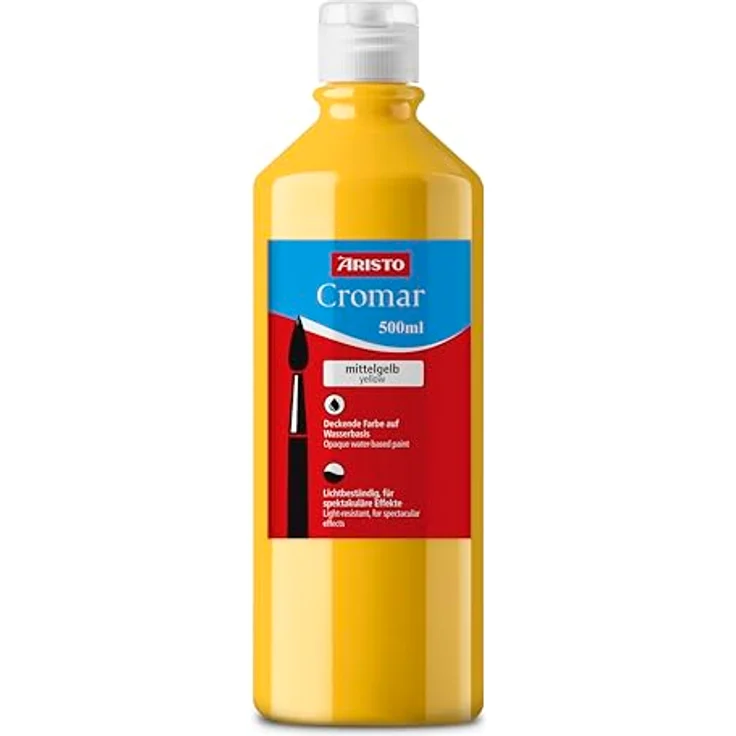 Aristo Acrylfarbe Cromar, Flüssigmalfarbe auf Wasserbasis, 500 ml, mittelgelb, hohe Leuchtkraft und ausgezeichnete Ergiebigkeit, ideal für Kindergarten und Schule – Bild 1