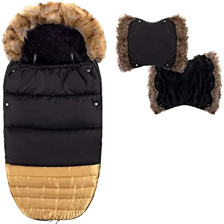 SPRINGOS Fußsack Winterfußsack 90 x 45 cm Kapuzenfell Schlittensack Kinderwagen Schlitten Rodeln mit Flecee gefüttert Frühjahr Winter (Schwarz-Gold)