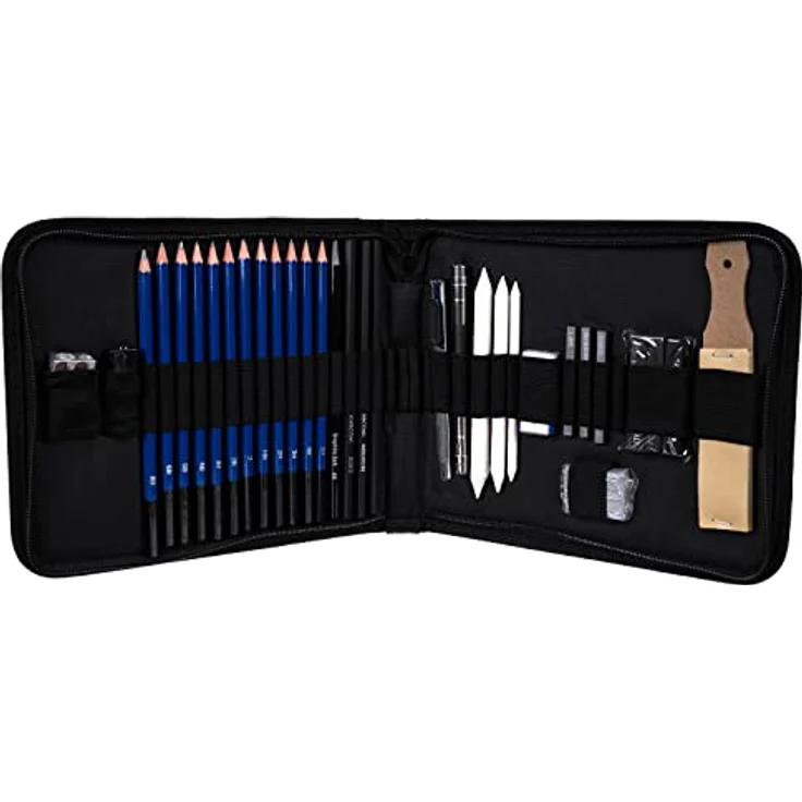 MALATEC Bleistift Skizzen Set 32-teilig, Zeichenset mit 12 Skizzenstiften, 6B Bleistift, 3 Kohlestiften, schwarz – Bild 5