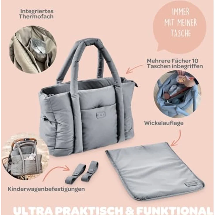 BÉABA, Wickeltasche Bebe, Ultra praktisch, 10 Innen- und Außentaschen, integrierte Kinderwagenbefestigung, herausnehmbare Wickelunterlage, Kühltasche, Tasche Paris Puffy, Eisbraun – Bild 3