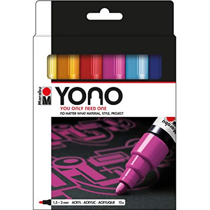 Marabu 1240000004004 - YONO Marker Set mit 12 Farben, vielseitige Acrylstifte mit japanischer Rundspitze 1,5 - 3 mm, wasserbasiert, lichtecht und wasserfest, für nahezu alle Untergründe – Bild 1