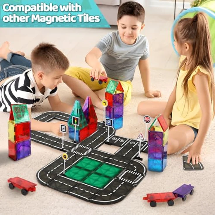 Playmags Magnetisches Straßenset, 50-teiliges STEM-Lernspielzeug mit 40 Straßenplättchen, 5 Ampeln und Verbindungsstücken für Kleinkinder ab 3 Jahren – Bild 5
