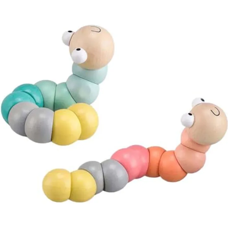Bigjigs Wooden Worm, Wiggly Spielzeug in Pastellfarben für Babys ab 10 Monaten, 3 x 3 x 17 cm