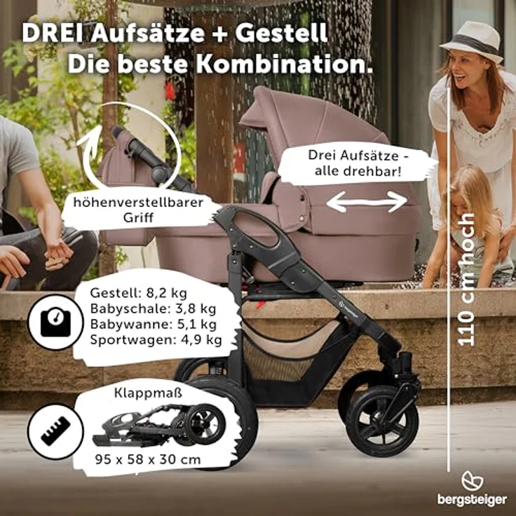 Bergsteiger Capri Kombikinderwagen 4-in-1, Babywanne, Sportsitz, i-Size Babyschale & Isofix-Station, höhenverstellbar, faltbar, mit Zubehör – Bild 7