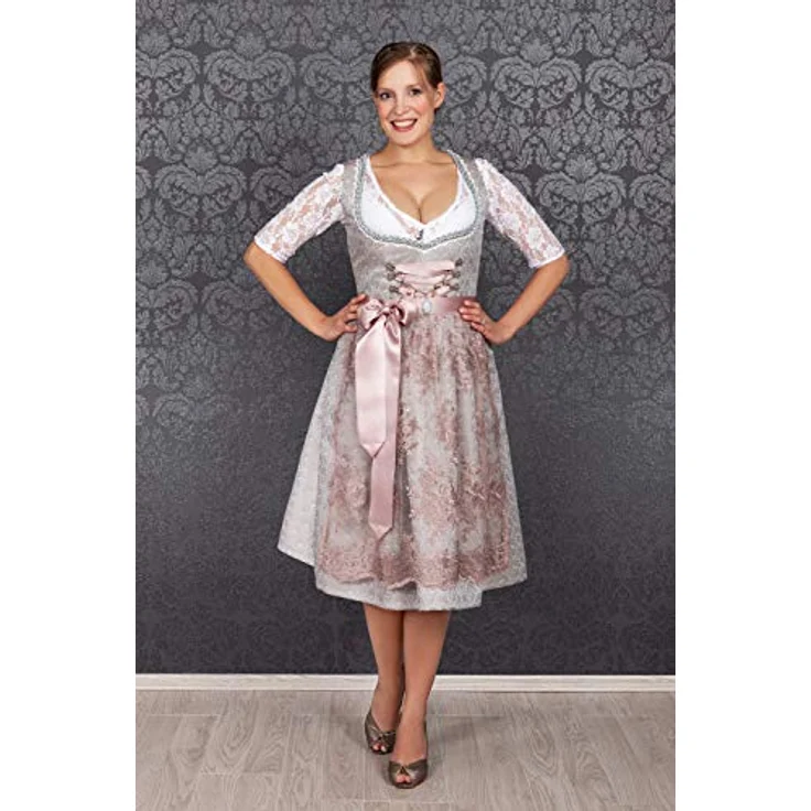 Edelnice Dirndl Aurelie, Midi Dirndl mit Jaquardstoff und Spitzenschürze, zart rose – Bild 4