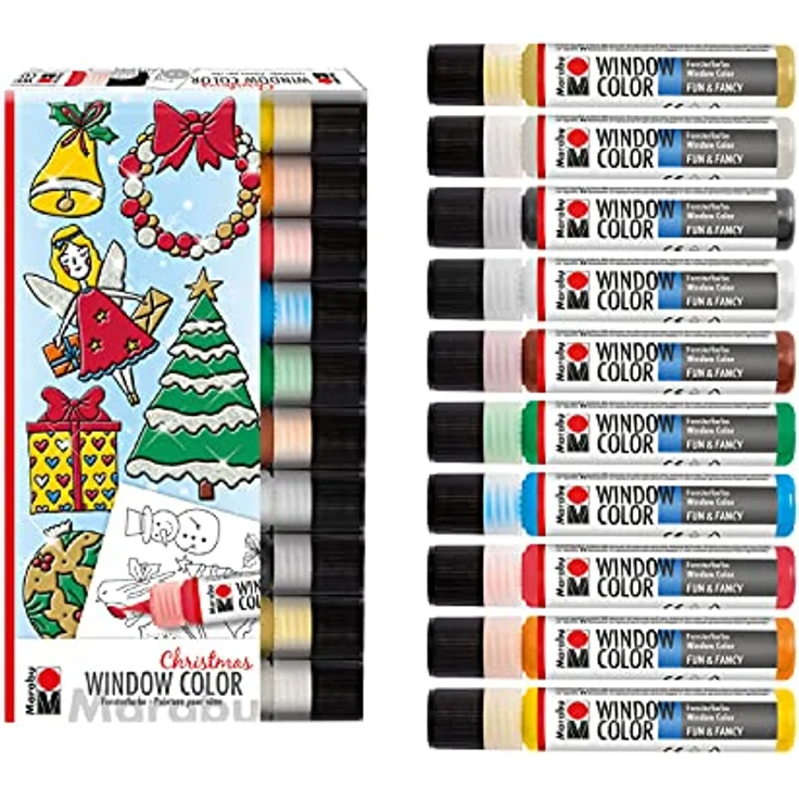 Marabu Window Color Christmas Set, 10 Fenstermal-Farben á 25 ml mit 20 Mal-Motiven, wasserbasierte Farben für Glas, Spiegel, Fliesen, bunte Farben inklusive Glitter-Silber und Gold – Bild 2