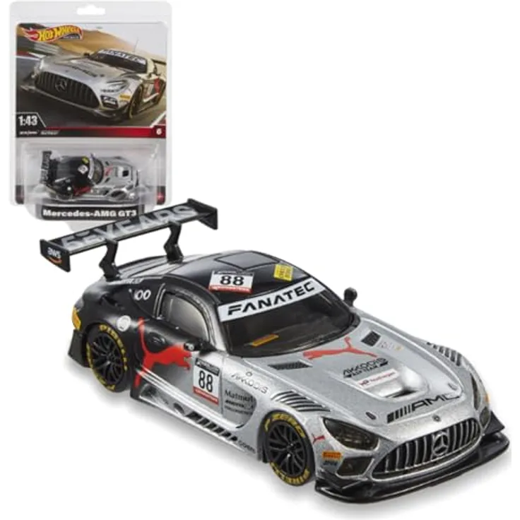Hot Wheels Premium Mercedes-AMG GT3, 1:43 Modellfahrzeug mit Real-Riders-Reifen, Metall/Metall-Karosserie, offiziell lizenziertes Sammler-Repiklat HMD44