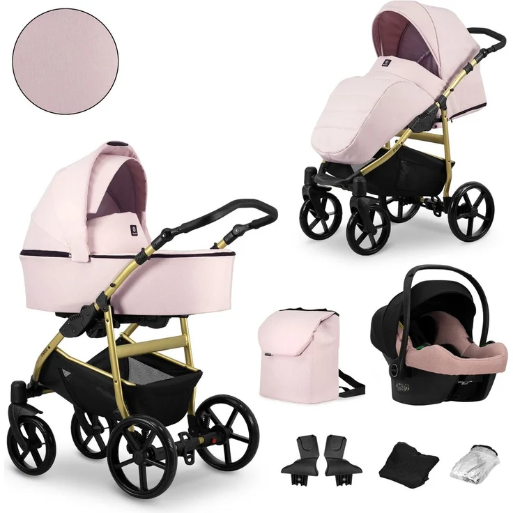 Kunert MATA 3in1 Kinderwagen, Rosa mit Goldrahmen, stabiler Aluminiumrahmen, große Gelräder, verstellbarer Griff, inkl. Autositz und Zubehör