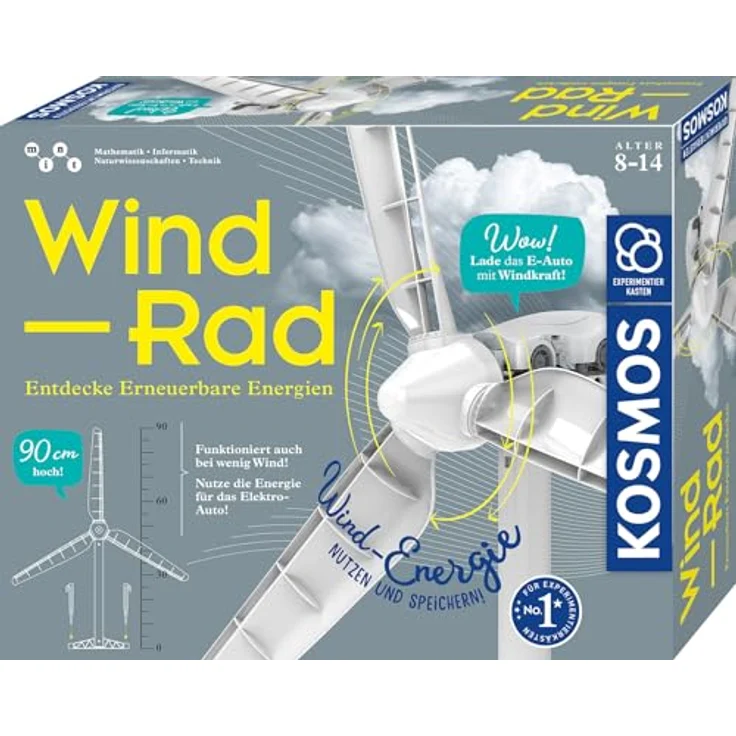 KOSMOS 621353 Windrad, Bausatz zur emmissionsfreien Stromerzeugung mit Mini E-Auto, Experimentierkasten für Kinder ab 8-14 Jahre, Outdoor geeignet
