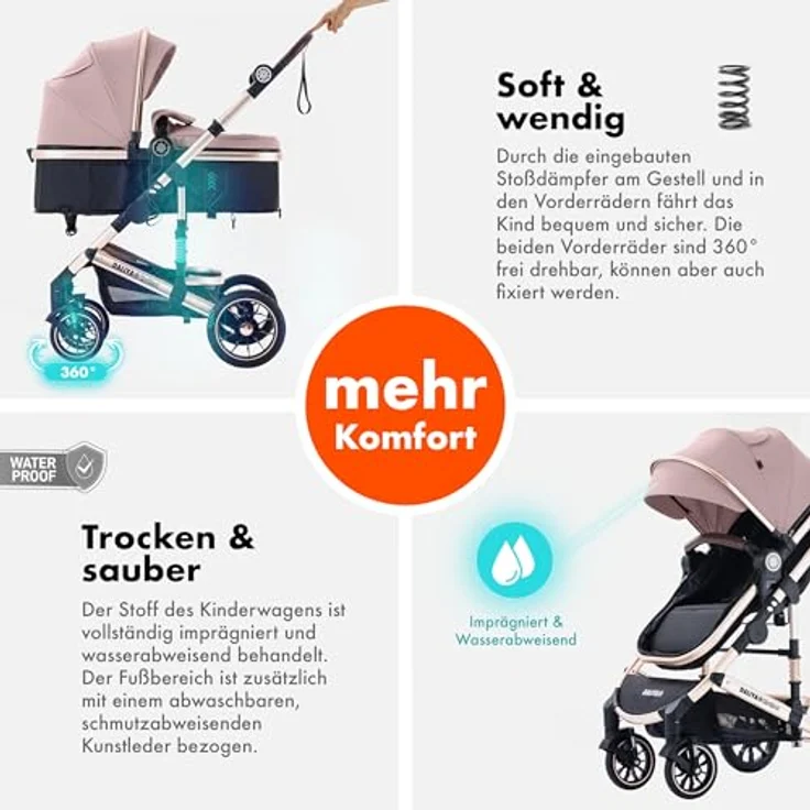 Daliya® NEOMOVE 2in1 Kombi-Kinderwagen, Buggy mit klappbarer Babywanne und Sportsitz, große pannensichere Räder, stufenlos verstellbare Rückenlehne, leichter Alu-Rahmen, großer Einkaufskorb, Gold-Rosa – Bild 2