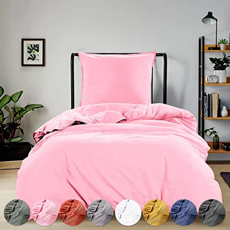 wometo Bettwäsche Renforce Stone-Washed 135x200 & 80x80 100% Baumwolle - rosa OekoTex weich modern Used-Look Leinen-Optik – Bild 1