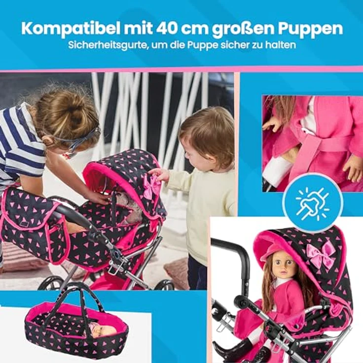 Kinderplay Puppenwagen ab 1 2 3 Jahre Kinderwagen Spielzeug - Kombi, 3 in 1, Puppenwagen mit Herausnehmbarer Tragetasche und Umhängetasche, Höhenverstellbar bis 62 cm, KP0200R – Bild 6