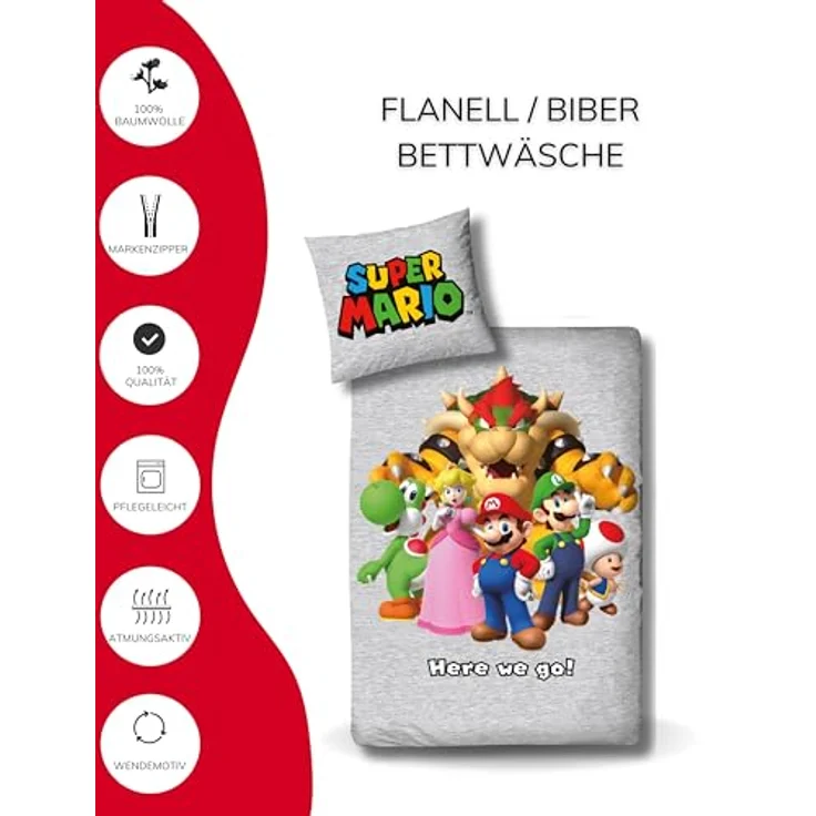 Bettwäsche 135x200 Flanell, Biber, Nintendo Super Mario, kuschelig weich für Winter, 1x Kissenbezug 80x80 + Bettbezug 135x200, 100% Baumwolle, Kinderbettwäsche Gaming – Bild 3