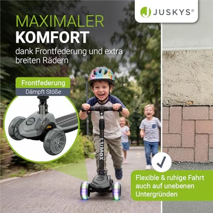 JUSKYS Kinderroller Lumox Schwarz, höhenverstellbarer Dreiradscooter mit LED-Rollen, 4-Farb-Blinkeinstellung, klappbar & Hinterradbremse – Bild 2