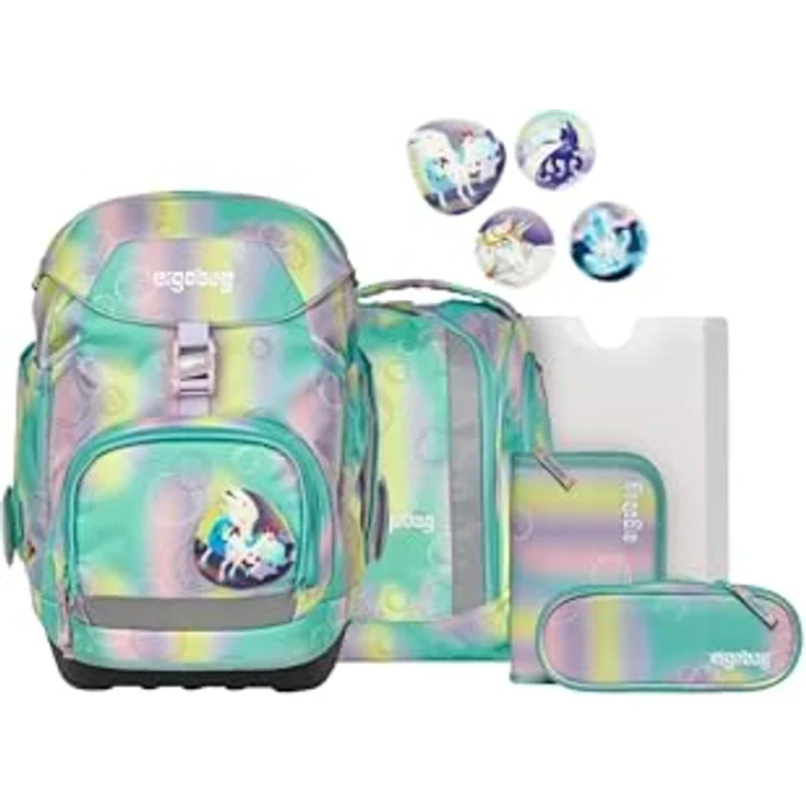 ergobag pack Set, ergonomischer Schulrucksack 6-teilig, flexibel für 1. Klasse, wasserdicht und reflektierend, inkl. Heftebox und gefülltem Federmäppchen – Bild 1