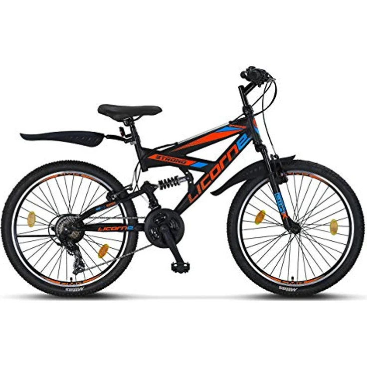 Licorne Bike Strong V Premium Mountainbike in 26 Zoll - Fahrrad für Jungen, Mädchen, Damen und Herren - Shimano 21 Gang-Schaltung - Vollfederung - Schwarz/Blau/Orange – Bild 3